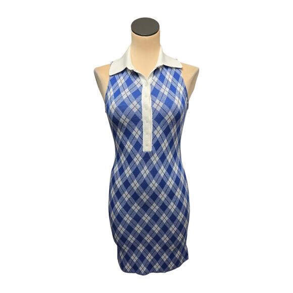 Smythe Argyle Polo Mini Dress‎ Blue Knit Bodycon Preppy Plaid Size Small - Picture 1 of 8
